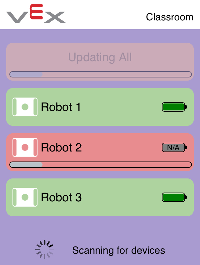 3 つの Brain がリストされ、上部の [すべて更新中] ボタンがグレー表示された VEX Classroom アプリ。 1 つの Brain の更新が完了し、次の Brain には、Brain が 1 つずつ更新されていることを示す進行状況バーが表示されます。