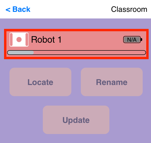 VEX Classroom 앱에는 오래된 Brain 메뉴가 열려 있고 Brain 이름 아래에 업데이트 중임을 나타내는 진행률 표시줄이 있습니다. 옵션 버튼은 회색으로 표시되어 업데이트가 완료될 때까지 Brain과 상호 작용할 수 없음을 나타냅니다.