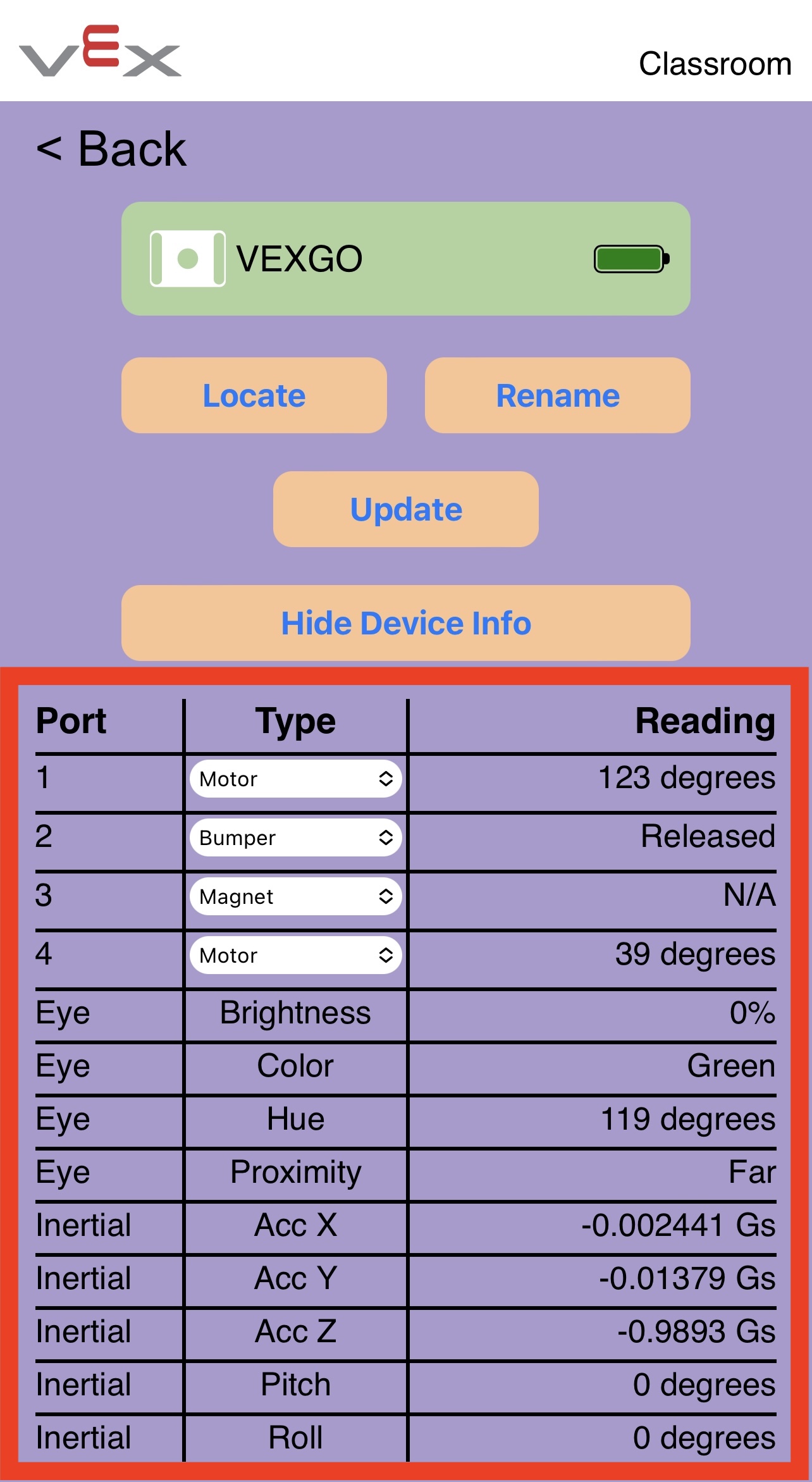 Aplicação VEX Classroom com o menu do GO Brain aberto e o botão "Mostrar informações do dispositivo" selecionado para abrir os dados de deteção. Os dados de deteção são destacados e listam cada sensor juntamente com os dados da sua leitura.