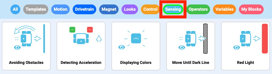 เมนูโครงการตัวอย่าง VEXcode Blocks ที่มีโครงการต่างๆ มากมายในหมวดหมู่ต่างๆ ให้เลือก ปุ่มการตรวจจับจะถูกเน้นเพื่อระบุว่าสามารถใช้แสดงเฉพาะโครงการตัวอย่างที่ใช้แนวคิดการตรวจจับเท่านั้น
