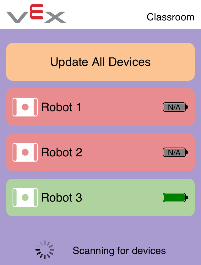VEX Classroom App mit drei verbundenen Brains in einer Liste. Zwei der Brains werden rot angezeigt, was bedeutet, dass ihre Firmware aktualisiert werden muss.