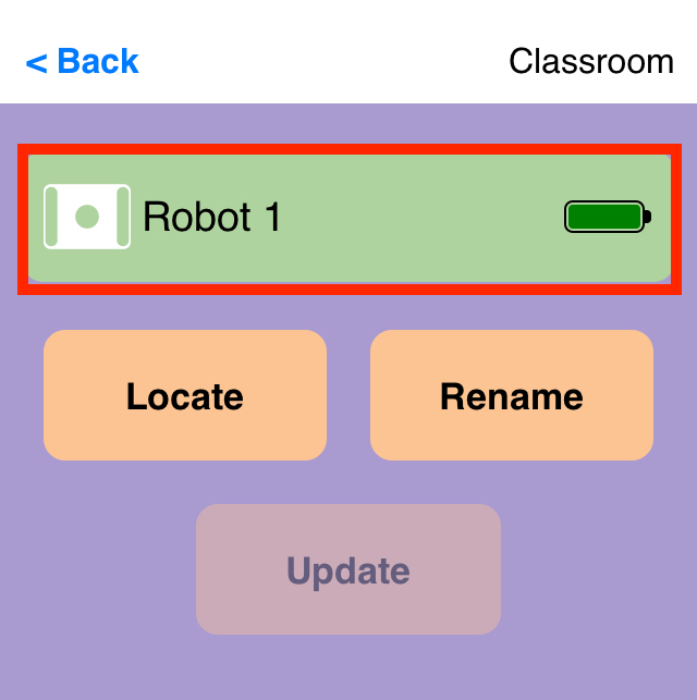 VEX Classroom-App mit geöffnetem Brain-Menü und grün angezeigtem Brain-Namen, um anzuzeigen, dass die Aktualisierung abgeschlossen ist.