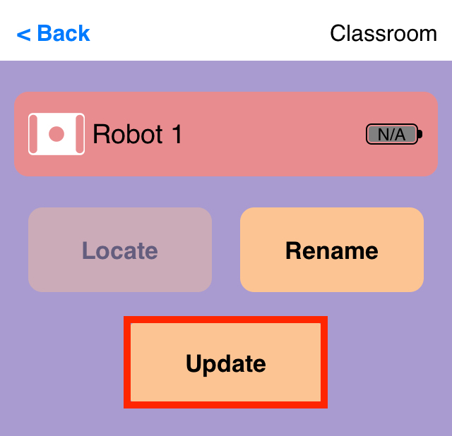 Aplikasi Kelas VEX dengan menu Brain yang kedaluwarsa terbuka dan tombol 'Perbarui' disorot.