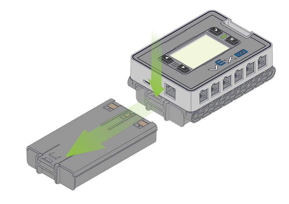 Das Diagramm zeigt die zwei Schritte zum Entfernen der Roboterbatterie aus dem Gehirn. Im ersten Schritt zeigt ein Pfeil auf die Verriegelung der Batterie und weist darauf hin, dass diese nach unten gedrückt werden muss. Der zweite Schritt zeigt, wie die Batterie aus dem Gehirn herausgleitet.