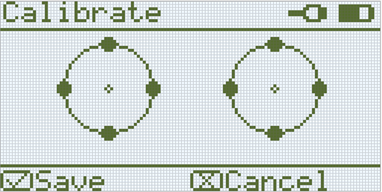La schermata Cervello è visualizzata nel menu Calibra. Le due icone del joystick sono centrate per indicare che la calibrazione del controller è completa. Nella parte inferiore dello schermo, le icone indicano che il pulsante Seleziona può essere utilizzato per Salvare e il pulsante X può essere utilizzato per Annullare.
