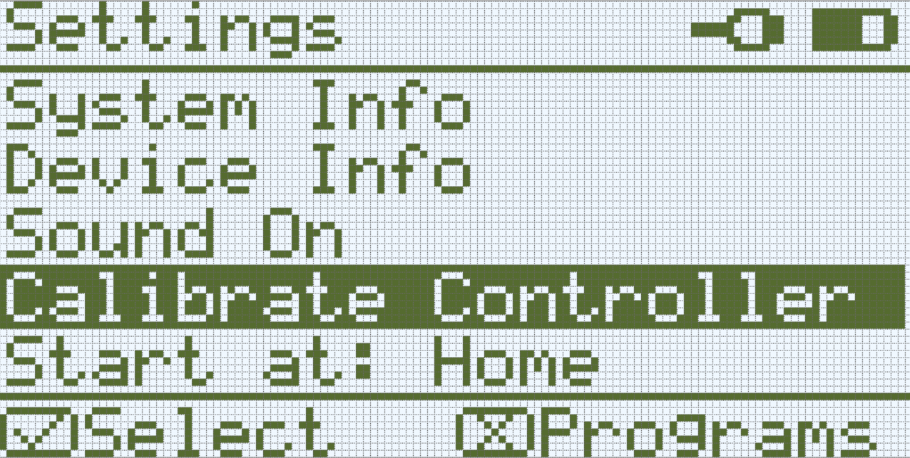 Obrazovka Brain se zobrazí v nabídce Settings se zvýrazněnou možností Calibrate Controller. Calibrate Controller je čtvrtá možnost v seznamu.