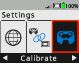 La pantalla del cerebro se muestra en el menú Configuración con la opción Calibrar seleccionada. Calibrar es la tercera opción en el menú Configuración.