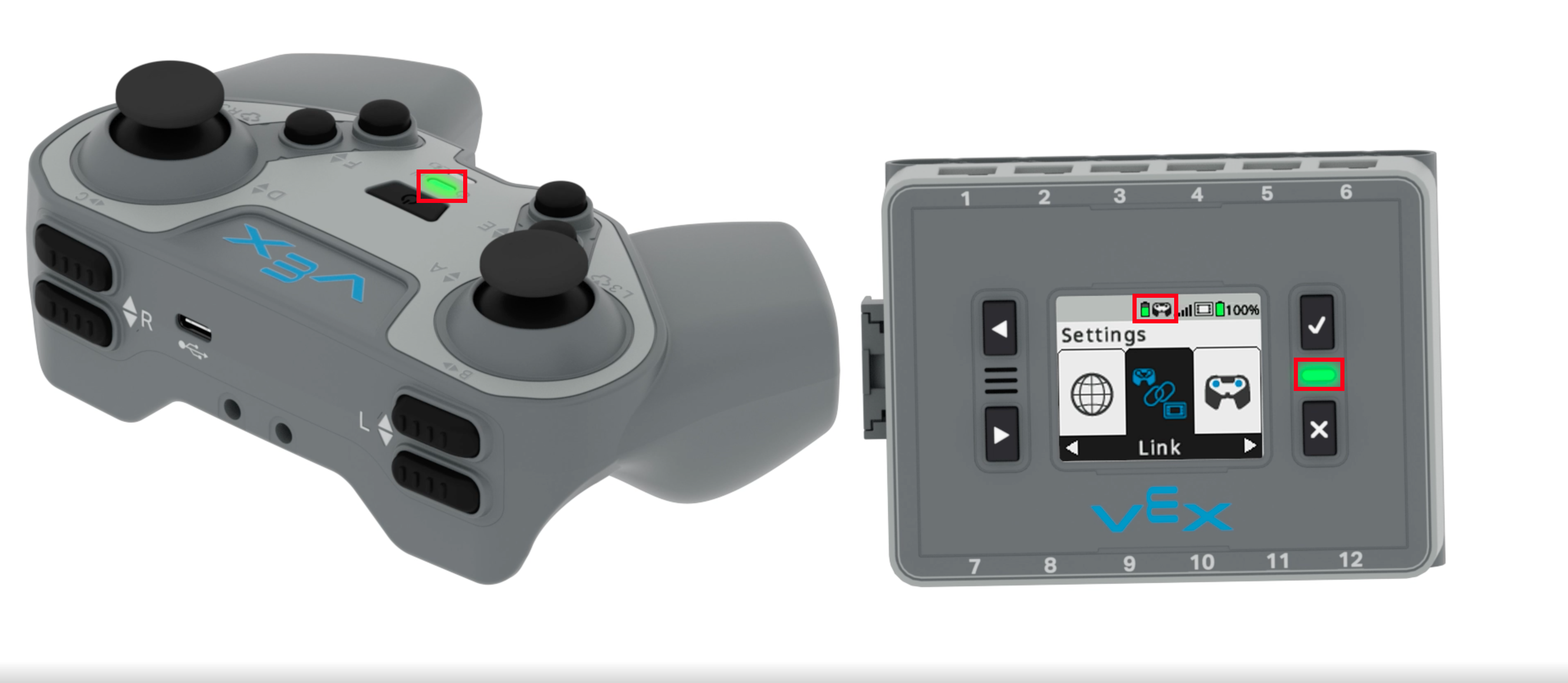 Controller naast een Brain en ermee verbonden. Er worden drie functies uitgelicht: het indicatielampje van de controller, het indicatielampje van de hersenen en het controllerpictogram op het hersenenscherm.