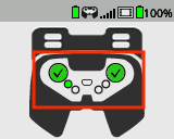 Nach der Kalibrierung wird im Menü „Kalibrieren“ der Gehirnbildschirm angezeigt. Es gibt ein Diagramm des Controllers mit einem grünen Häkchen für jeden Joystick und hervorgehobener E-Up-Taste.