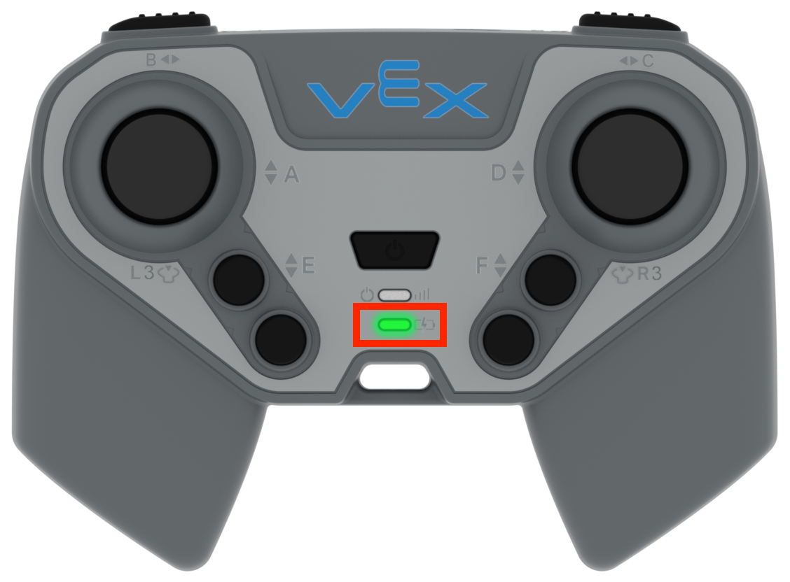 Controller mit hervorgehobener unterer Anzeigeleuchte. Dieses Licht wird Lade-LED genannt.