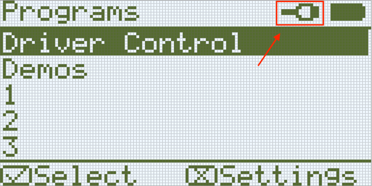 Brain-Bildschirm mit hervorgehobenem Tether-Symbol oben rechts, das anzeigt, dass der Controller mit einem Kabel verbunden wurde.
