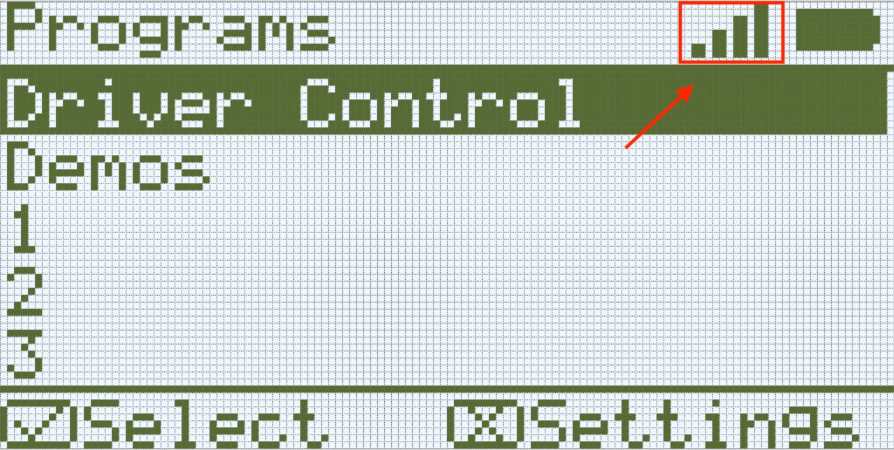 Hersenscherm met het pictogram voor draadloze verbinding gemarkeerd in de rechterbovenhoek. Dit geeft aan dat de controller draadloos is verbonden.