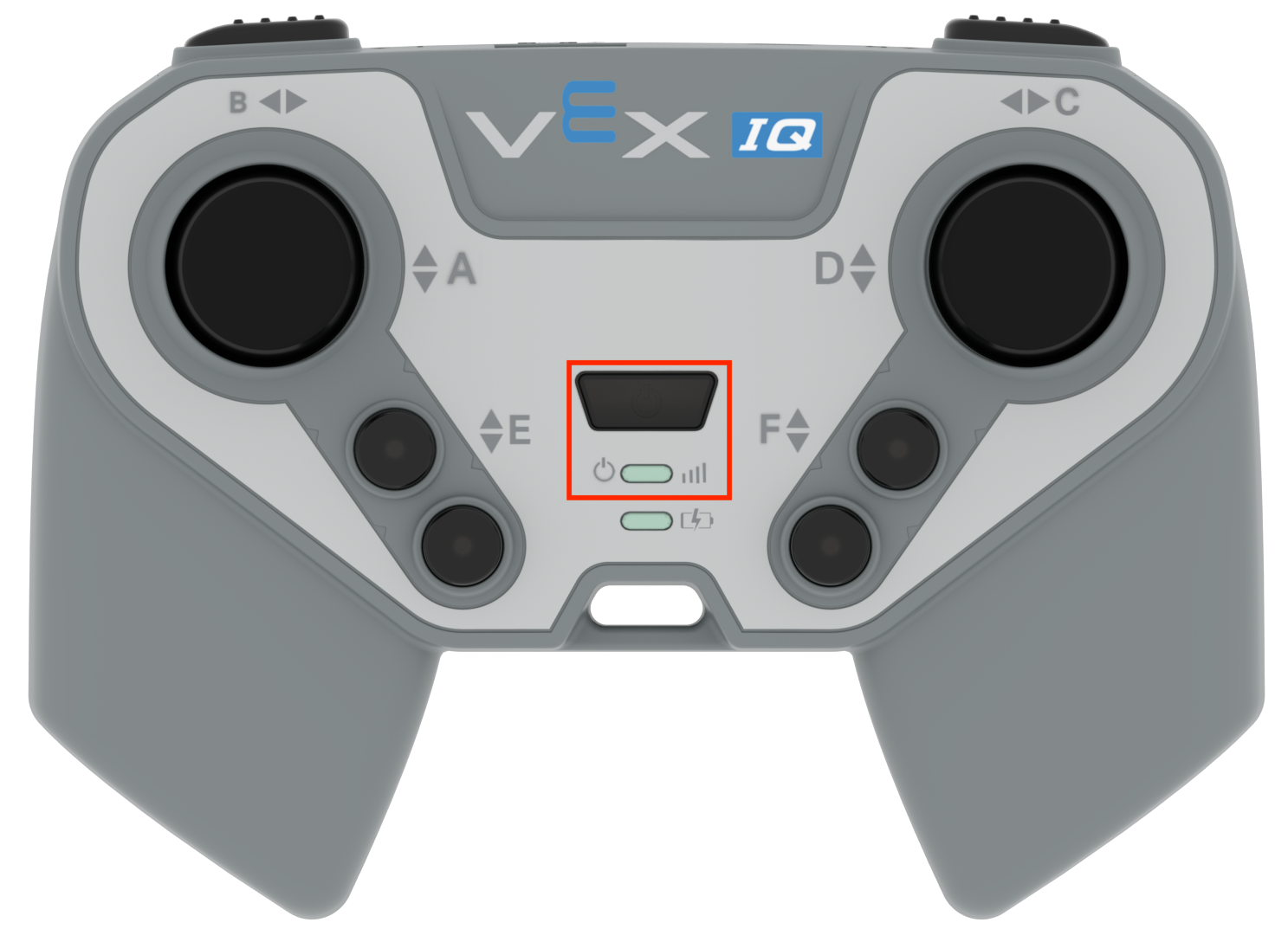 Schema del controller (1a generazione) con il pulsante di accensione e il LED di alimentazione evidenziati.