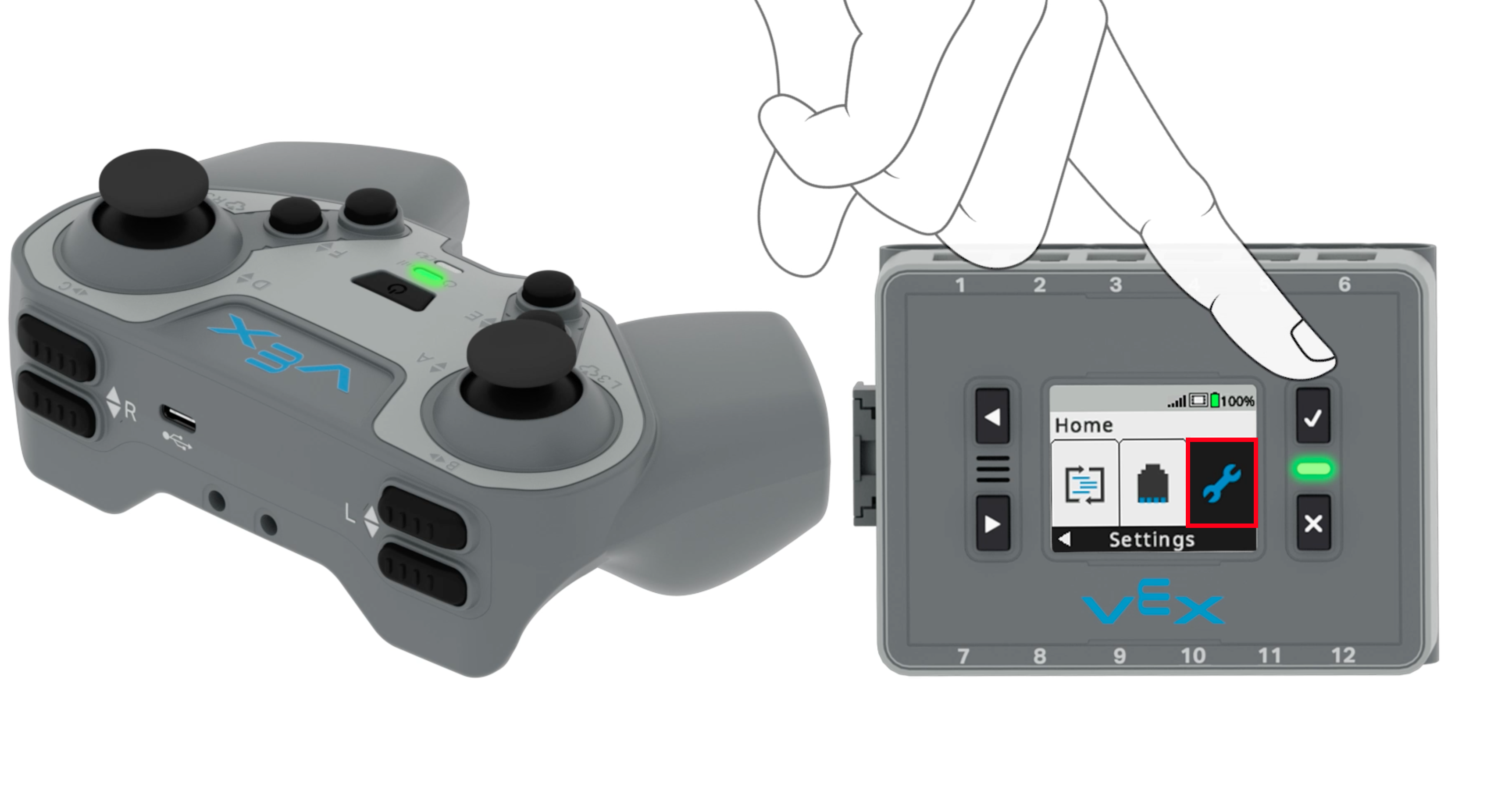 ब्रेन स्क्रीन होम मेनू में सेटिंग्स विकल्प चयनित होने के साथ दिखाई जाती है। चेक बटन दबाते हुए एक हाथ दिखाया गया है।