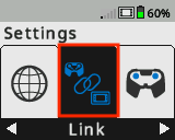 La pantalla del cerebro se muestra en el menú Configuración con la opción Enlace seleccionada. Enlace es la segunda opción en el menú Configuración.