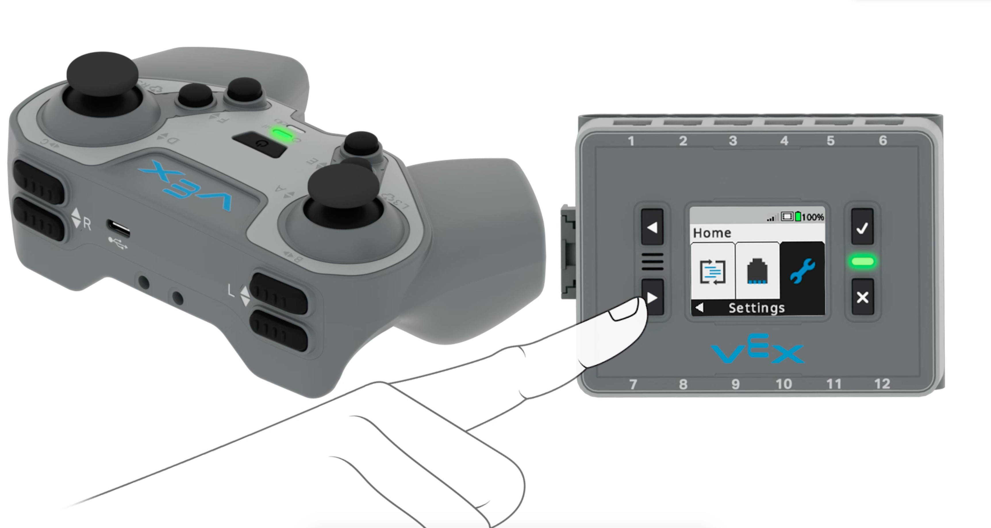 La pantalla del cerebro se muestra en el menú Inicio con la opción Configuración seleccionada. Configuración es la cuarta opción del menú Inicio. Se muestra una mano presionando el botón de flecha derecha.