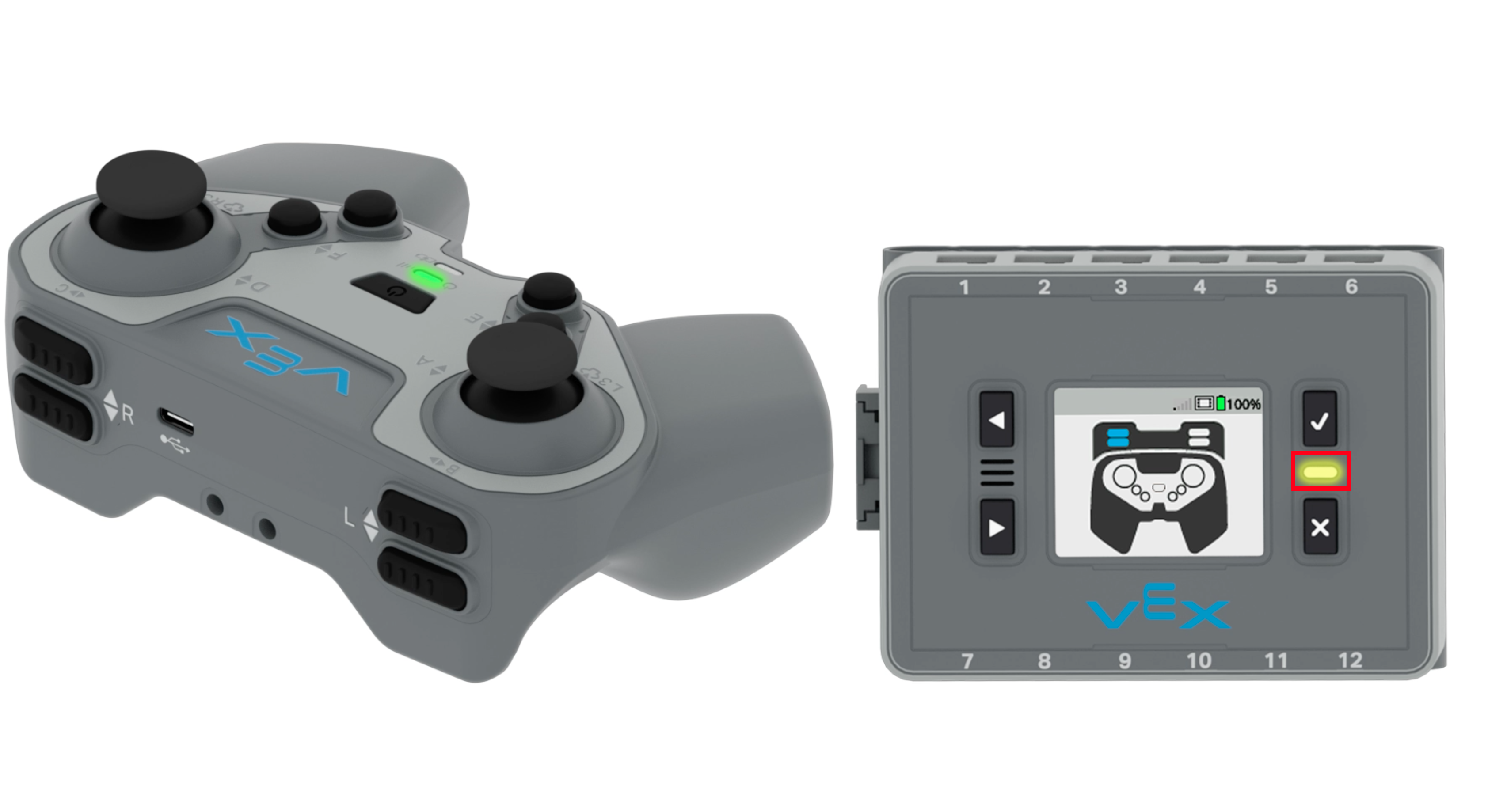 หน้าจอสมองจะแสดงหลังจากเลือกตัวเลือกเชื่อมโยง แผนภาพนี้แสดงให้เห็นตัวควบคุมโดยมีปุ่ม L ขึ้นและ L ลงที่ถูกเน้นไว้ ไฟแสดงสถานะของสมองจะเรืองแสงสีเหลืองและถูกเน้นไว้