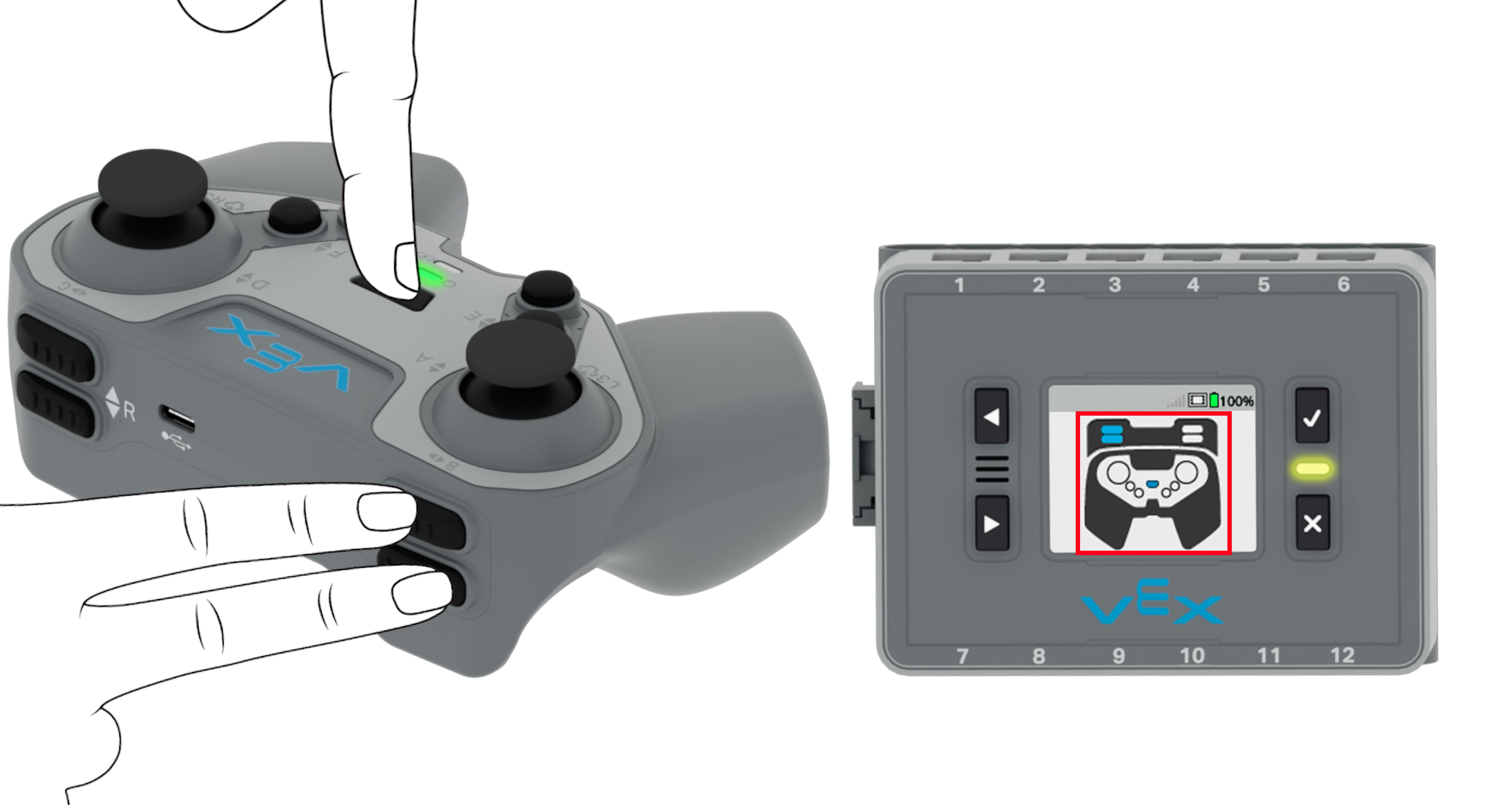 Nadat u de optie Koppelen hebt geselecteerd, wordt het hersenscherm weergegeven. Een diagram toont de controller met de L omhoog, L omlaag en de aan/uit-knop gemarkeerd. Er worden twee handen getoond die op de gemarkeerde knoppen drukken op een Controller die zich naast de Brain bevindt.