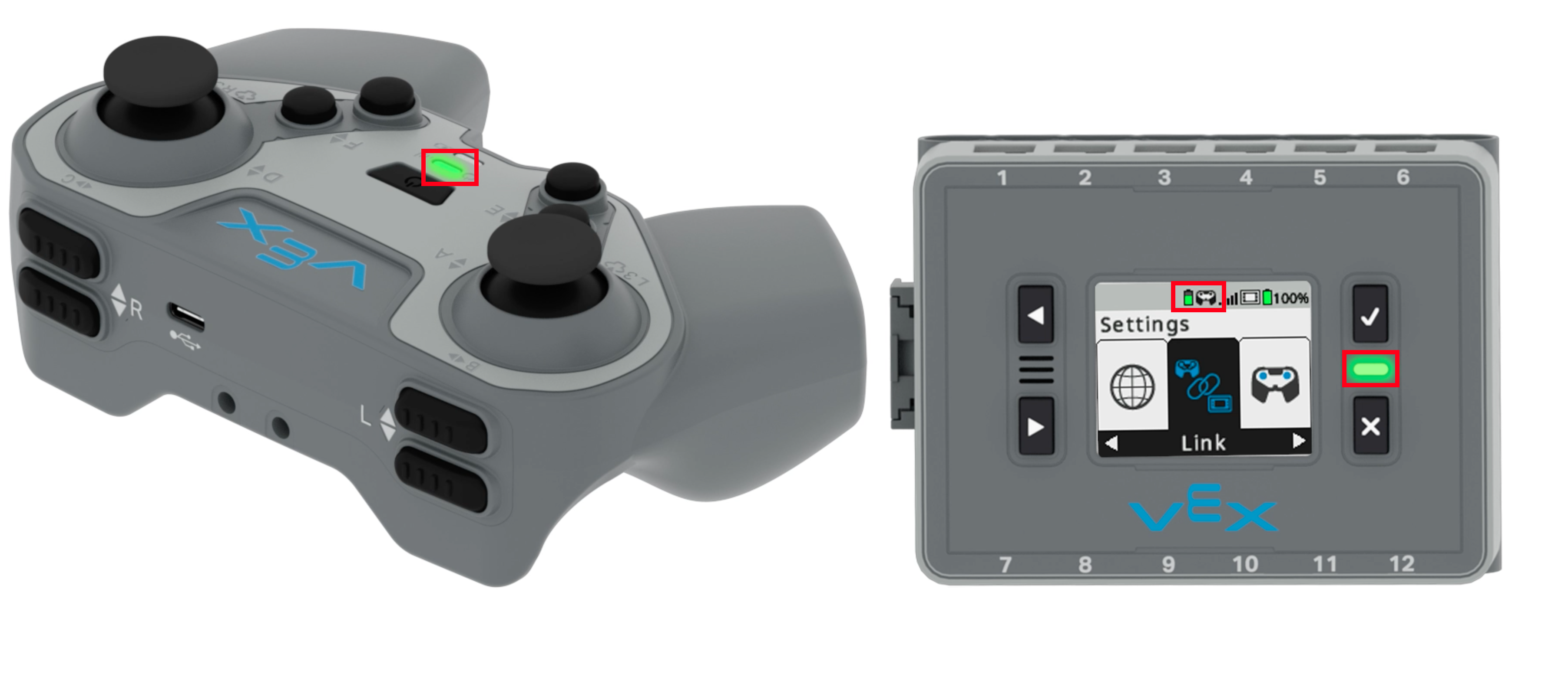 Hersenscherm met het Controller-icoontje gemarkeerd om aan te geven dat er verbinding is. De hersenen en de controller zijn voorzien van groene LED-lampjes die oplichten.