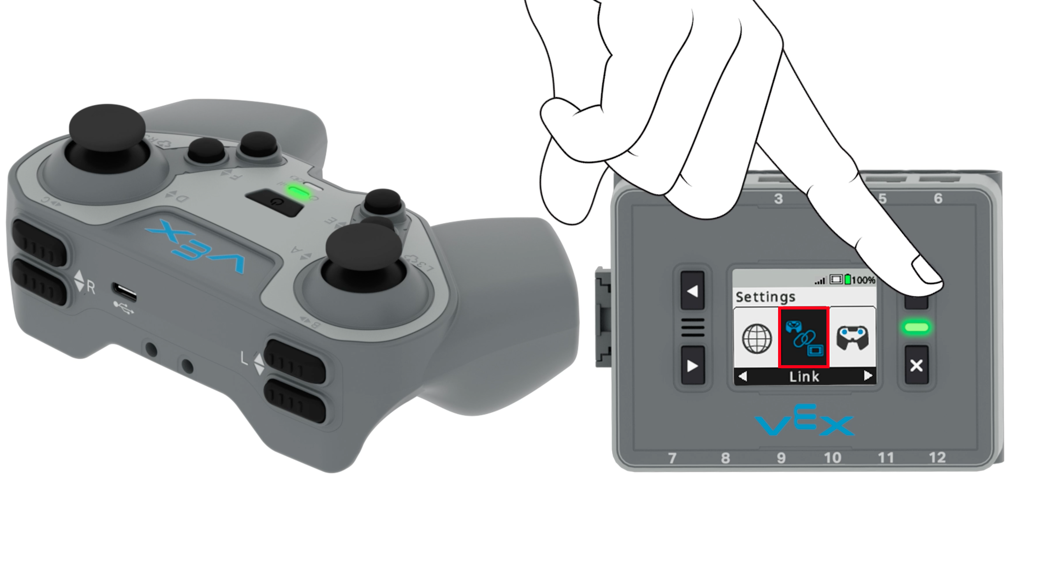 リンク オプションが選択された状態で設定メニューに Brain 画面が表示されます。 リンクは設定メニューの 2 番目のオプションです。 チェック ボタンを押している手が表示されます。