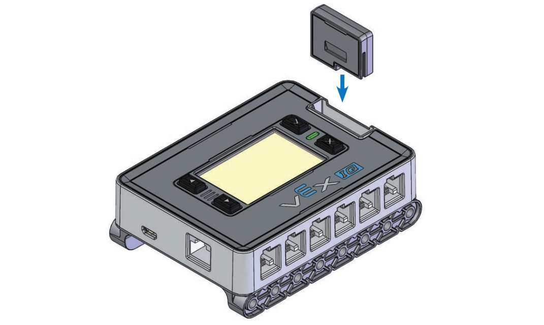 Diagram dengan panah yang menunjukkan bahwa Radio harus ditempatkan ke soket Radio Otak. Soket Radio terletak di samping dekat tombol Centang dan X.