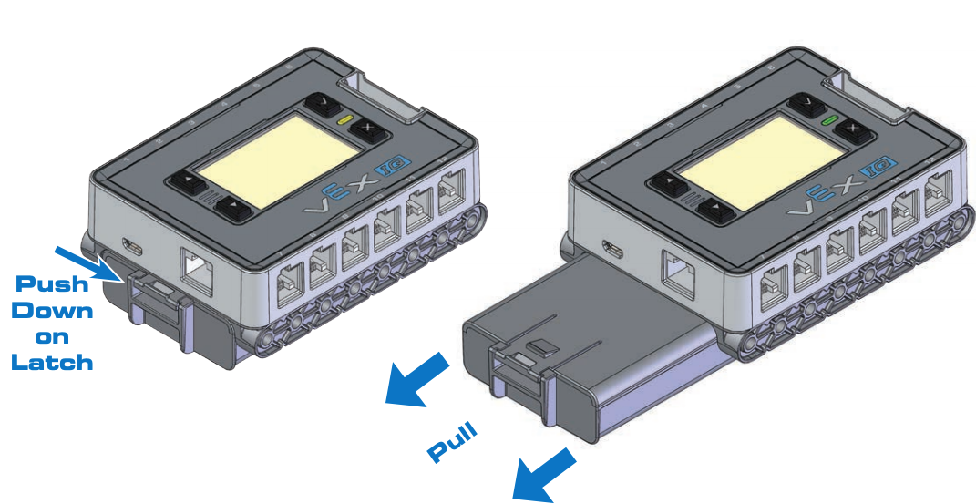 O diagrama mostra os dois passos para remover a bateria do robô. O primeiro passo tem uma seta a apontar para o fecho da bateria e diz Empurre o fecho para baixo. O segundo passo mostra a bateria a deslizar para fora do cérebro e diz "Puxar".