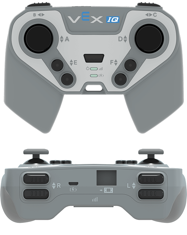 Schéma du contrôleur IQ (1ère génération) montrant ses boutons et joysticks. Ci-dessus, une vue de l'avant du contrôleur, avec les axes du joystick gauche étiquetés A et B. Les deux boutons ronds sous le joystick gauche sont étiquetés comme l'axe E. Les axes du joystick droit sont étiquetés C et D. Les deux boutons ronds situés sous le joystick droit sont étiquetés comme l'axe F. Ci-dessous, une vue du dessus du contrôleur pour montrer les boutons d'épaule. Les deux boutons situés sur le côté gauche du contrôleur sont étiquetés comme l'axe L et les deux boutons situés sur le côté droit du contrôleur sont étiquetés comme l'axe R.