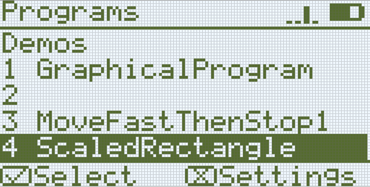 Ecrã do Brain no menu Programas com os 4 slots para Programas do Utilizador apresentados. O primeiro projeto personalizado chama-se GraphicalProgram, o segundo está vazio, o terceiro chama-se MoveFastThenStop1 e o quarto chama-se ScaledRectangle. O quarto programa é selecionado.