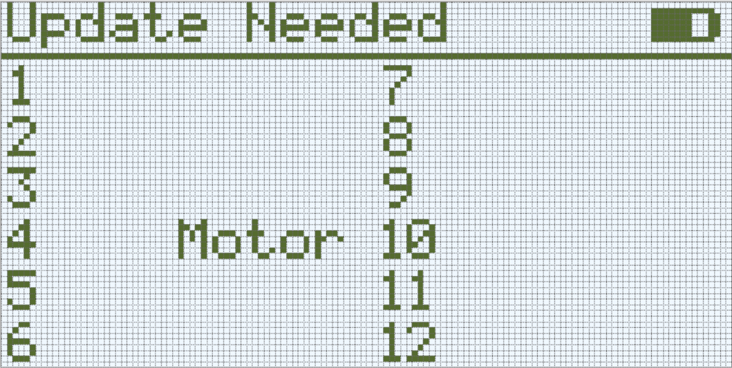 Ecrã do cérebro com um menu que diz Atualização necessária. Abaixo está uma lista de Portas Inteligentes, e um Motor ligado à Porta 4 está listado.