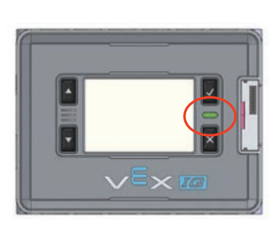 الدماغ مع ضوء مؤشر LED المميز. يقع الضوء بين الزرين Check وX.