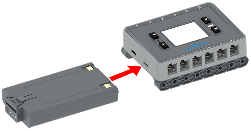 Batterij met een pijl die aangeeft dat deze in de batterijgleuf van de Brain geplaatst moet worden.