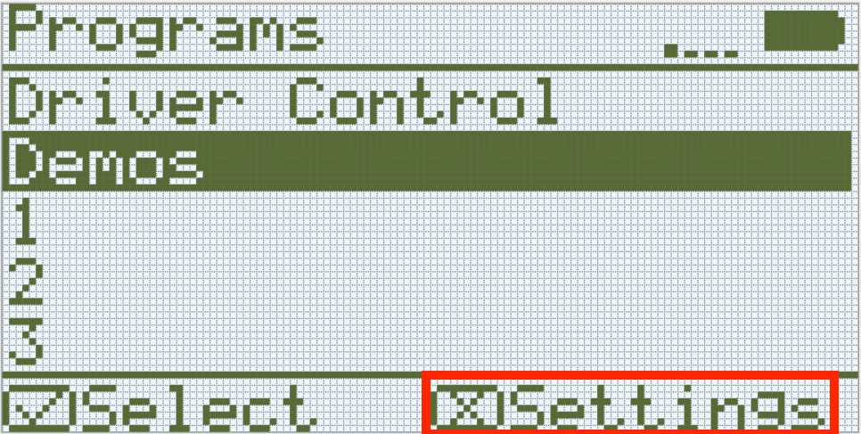 Het Brain-scherm wordt weergegeven in het menu Programma's, met de X voor de knop Instellingen gemarkeerd in de rechteronderhoek.