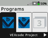 Az agy képernyője megjelenik a Programok menüben egy VEXcode Project kiválasztásával.