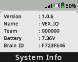 システム情報メニューに Brain 画面が表示され、Brain のバージョン、名前、チーム、バッテリー、ID に関する情報が報告されます。