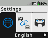 La pantalla del cerebro se muestra en el menú Configuración con la opción Idioma seleccionada. El idioma actual es el inglés.