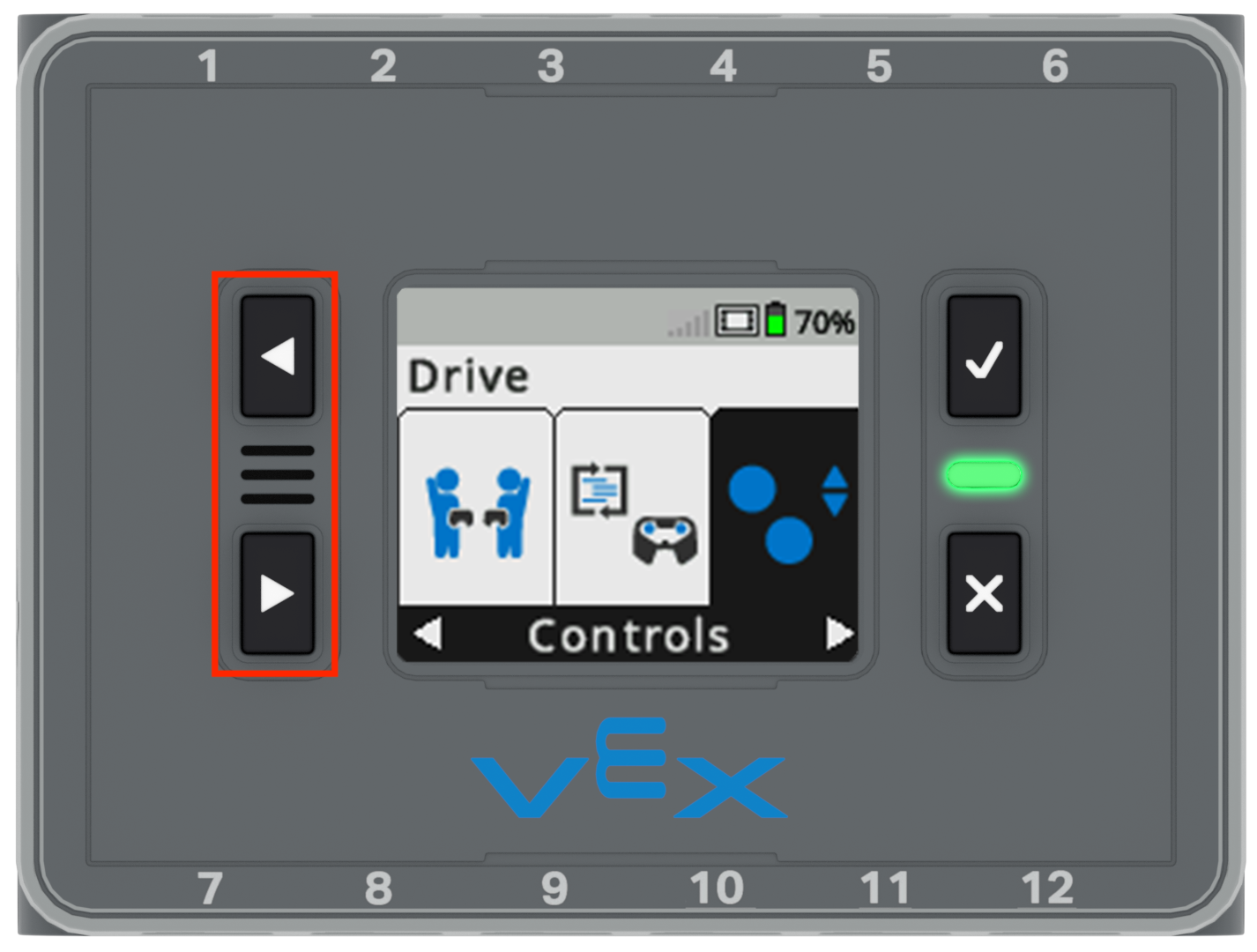 Màn hình não được hiển thị trong menu Drive với tùy chọn Controls được chọn. Tùy chọn Điều khiển là tùy chọn thứ tư trong menu Drive. Các nút Trái và Phải được tô sáng.