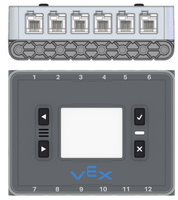 Hierboven ziet u een afbeelding van de Smart Ports van de Brain, met 6 aan weerszijden, dus in totaal 12. Hieronder ziet u het scherm en de knoppen van Brain.