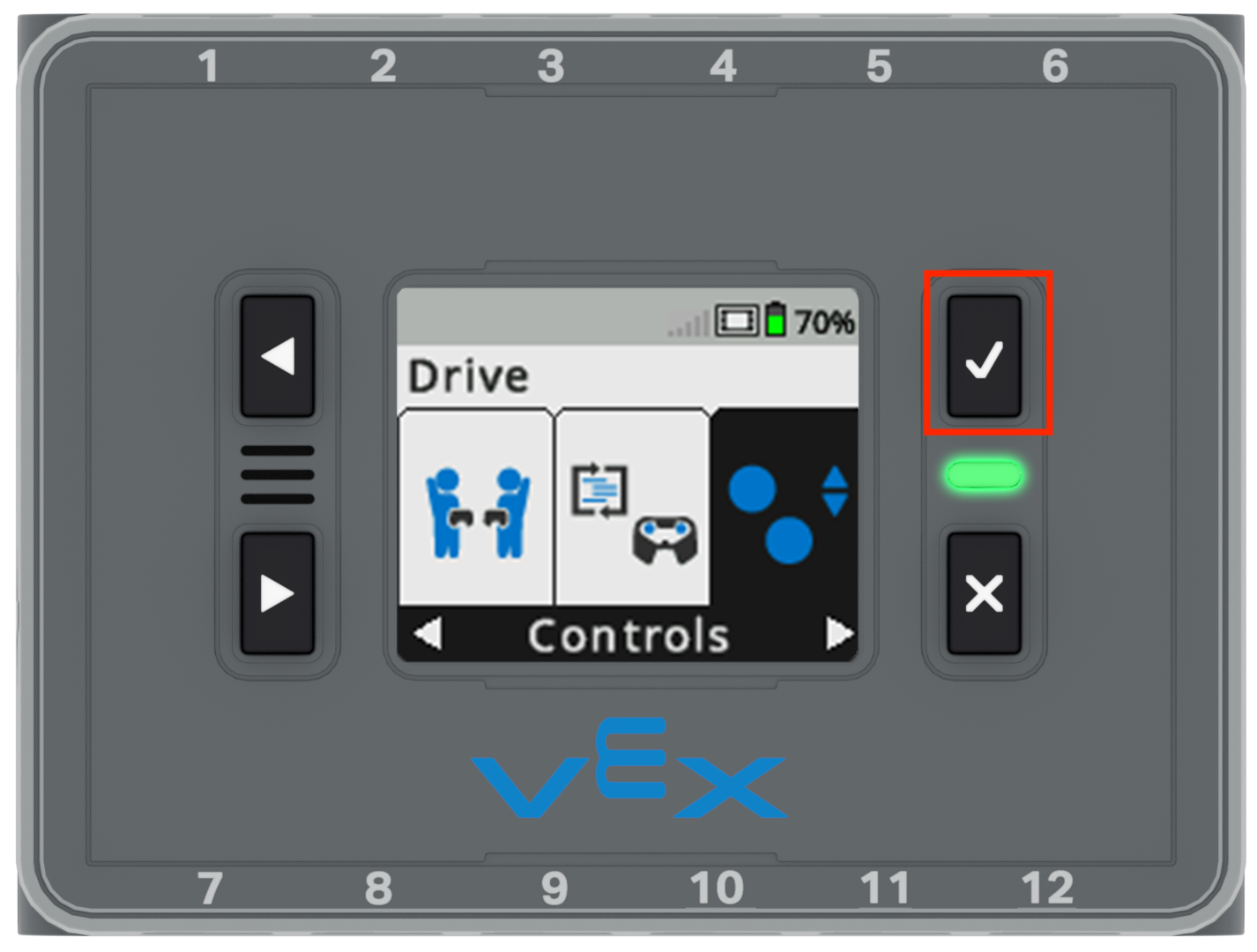 Het Brain-scherm wordt weergegeven in het Drive-menu, waarbij de optie Controls is geselecteerd. De knop Controleren is gemarkeerd.