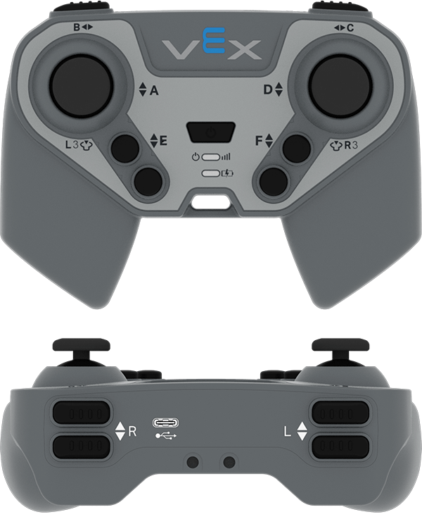 Diagramm des IQ-Controllers (1. Generation) mit seinen Tasten und Joysticks. Oben sehen Sie eine Ansicht der Vorderseite des Controllers. Die Achsen des linken Joysticks sind mit A und B gekennzeichnet. Die mittlere Taste des linken Joysticks ist mit L3 gekennzeichnet. Die beiden runden Tasten unter dem linken Joystick sind als E-Achse gekennzeichnet. Die Achsen des rechten Joysticks sind mit C und D gekennzeichnet. Die mittlere Taste des rechten Joysticks ist mit R3 gekennzeichnet. Die beiden runden Tasten unter dem rechten Joystick sind als F-Achse gekennzeichnet. Unten sehen Sie eine Ansicht der Oberseite des Controllers, um die Schultertasten anzuzeigen. Die beiden Tasten auf der linken Seite des Controllers sind als L-Achse und die beiden Tasten auf der rechten Seite des Controllers als R-Achse gekennzeichnet.