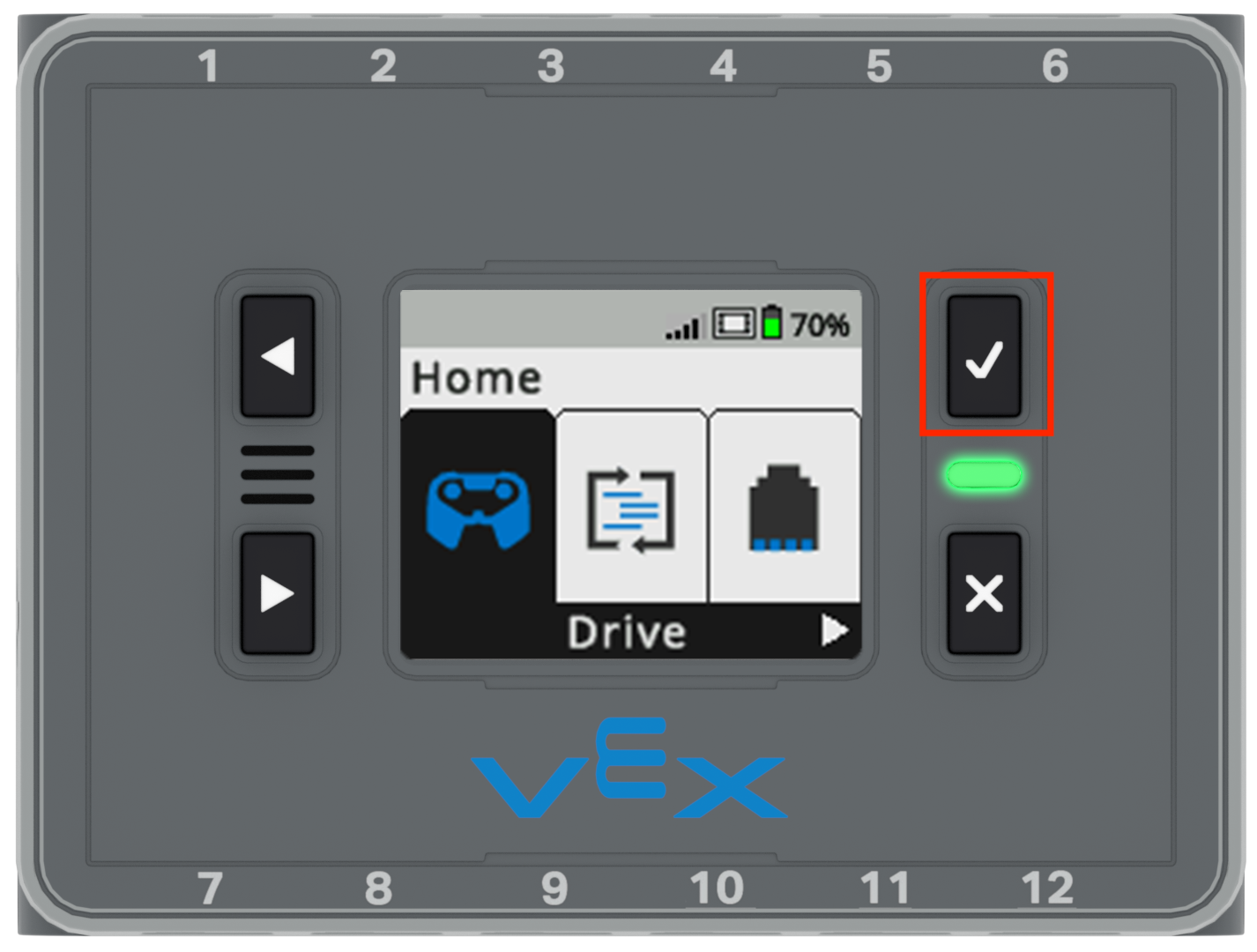 Beyin açık, gösterge ışığı yeşil yanıyor ve ekranda Drive seçeneği seçiliyken Ana menü görünüyor. Kontrol butonu vurgulanmıştır.