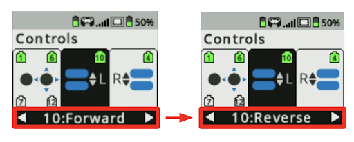 La schermata Brain è visualizzata nel menu Controlli con il motore per l'asse L selezionato. Gli screenshot mostrano la modifica della direzione del motore da avanti a indietro.