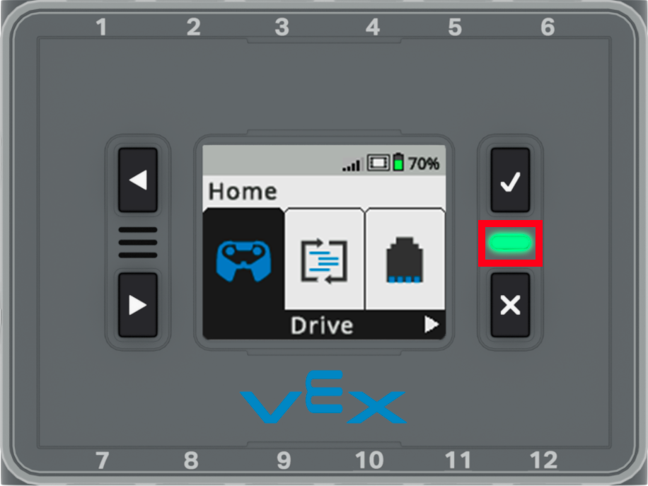 Mózg z podświetloną kontrolką LED. Lampka znajduje się pomiędzy przyciskami Check i X.