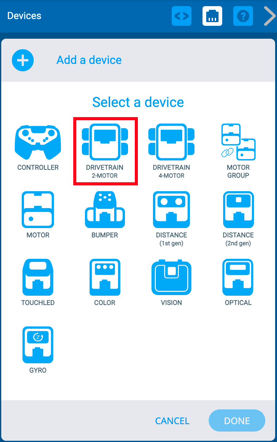 Menu VEXcode IQ-apparaten nadat de knop Apparaat toevoegen is geselecteerd. De optie Aandrijflijn 2 Motor is gemarkeerd.