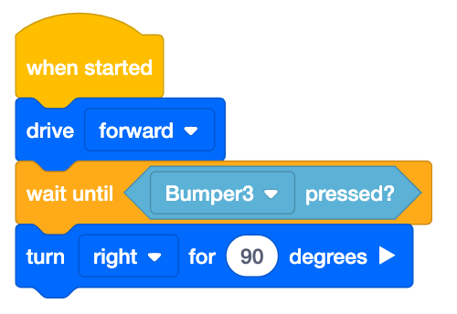 VEXcode IQ blokkeert projecten die een niet-wachtend commando gebruiken om de robot vooruit te laten rijden totdat de Bumper wordt ingedrukt, en vervolgens naar rechts te draaien. Het project luidt als volgt: Wanneer gestart, rijd vooruit, wacht tot Bumper3 wordt ingedrukt en draai dan 90 graden naar rechts.