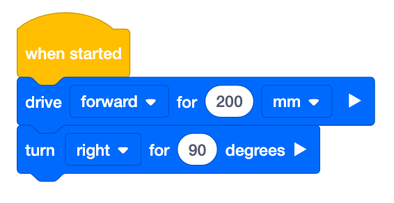 VEXcode IQ ब्लॉक प्रोजेक्ट रोबोट को आगे बढ़ाने के लिए प्रतीक्षा आदेशों का उपयोग करता है और फिर एक के बाद एक दाईं ओर मोड़ देता है। परियोजना में लिखा है, जब शुरू करें, तो 200 मिमी तक आगे बढ़ें और फिर 90 डिग्री तक दाईं ओर मुड़ें।