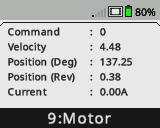 O ecrã do cérebro é apresentado com o Painel do sensor do motor aberto no menu Dispositivos. São mostradas informações sobre o motor, como o seu comando, velocidade, posição, corrente e a Porta Inteligente do motor.