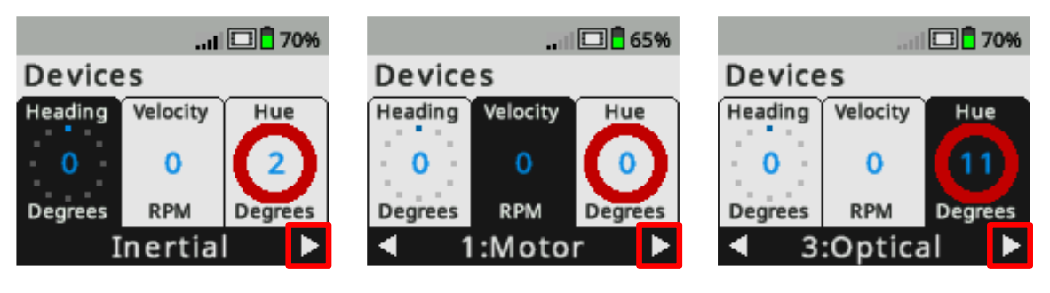 O ecrã do cérebro é apresentado no menu Dispositivos, onde são reportadas informações dos dispositivos ligados em tempo real. Três capturas de ecrã mostram o botão direito a ser utilizado para navegar e selecionar o sensor ótico. O sensor ótico é a terceira opção no menu Dispositivos.