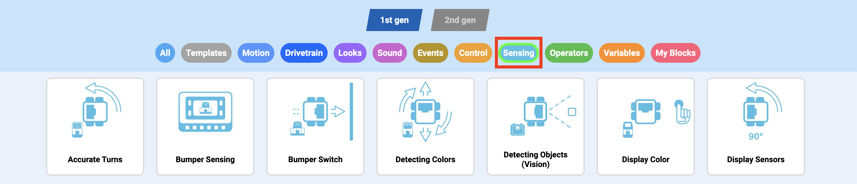 Menu Progetti di esempio di blocchi VEXcode con una varietà di progetti suddivisi in diverse categorie tra cui scegliere. La categoria Rilevamento è evidenziata.