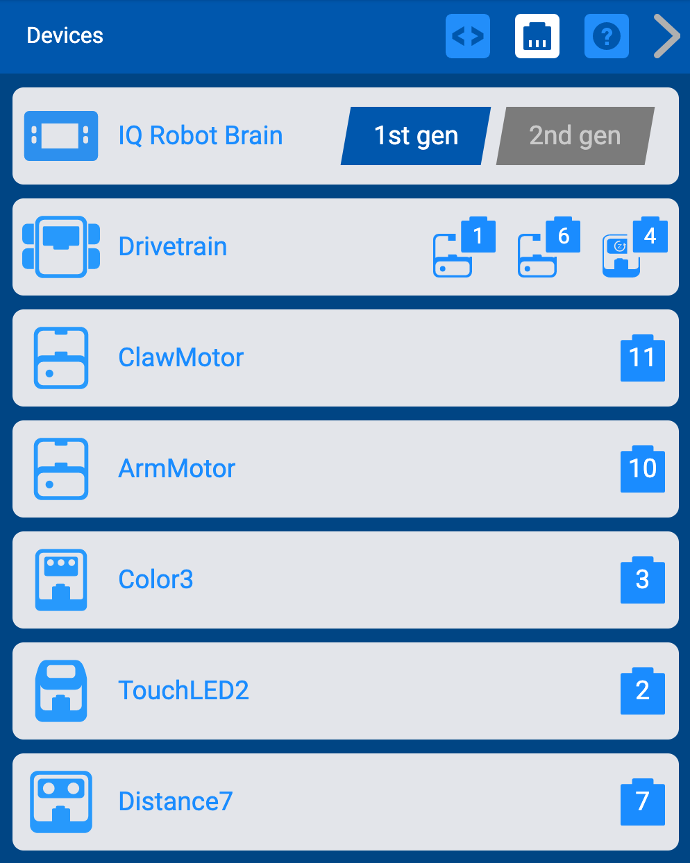 接続されているデバイスの長いリストが表示される VEXcode IQ デバイス メニュー。 このメニューを使用すると、各センサーが正しく接続されていることを確認したり、Brain 上の特定のポートをチェックしたりできます。