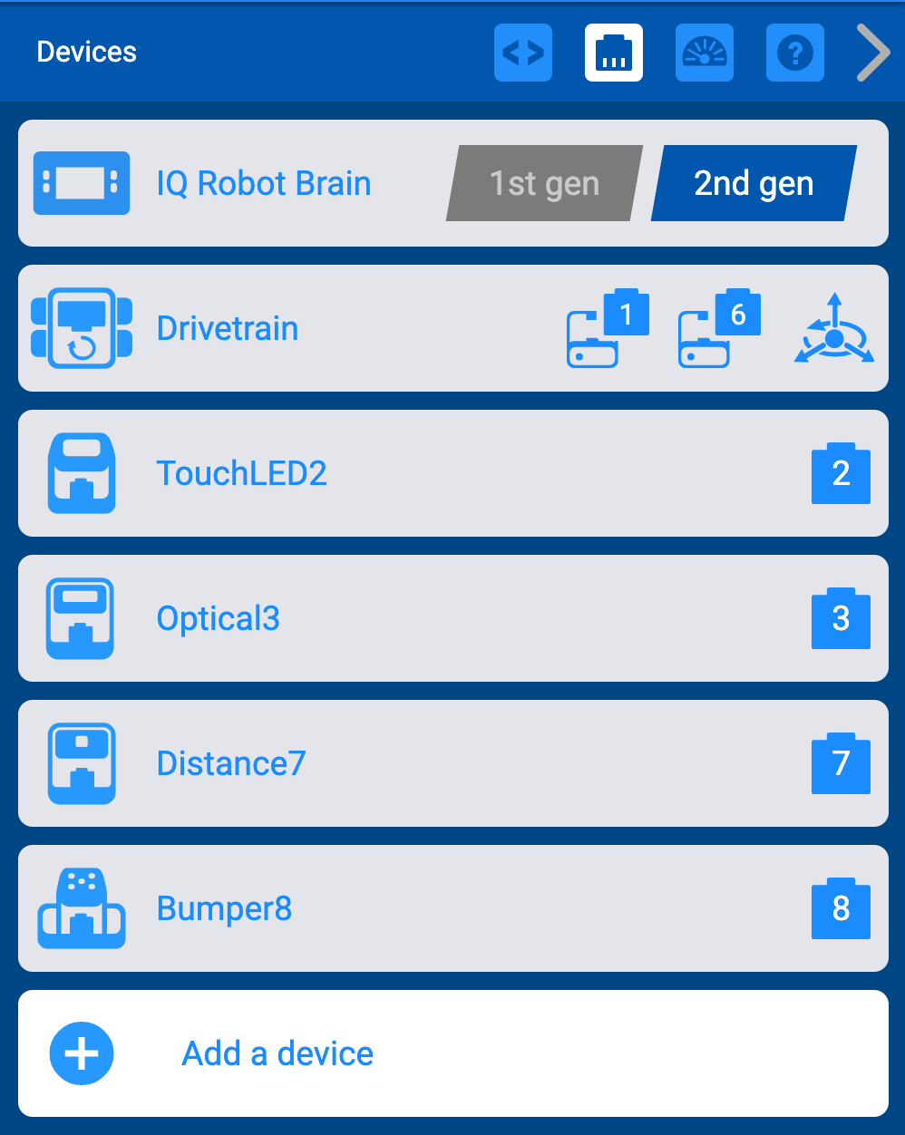 Menu Perangkat VEXcode IQ dengan daftar panjang perangkat yang terhubung ditampilkan. Menu ini dapat digunakan untuk memastikan setiap sensor terhubung dengan benar, dan untuk memeriksa port spesifiknya di Brain.
